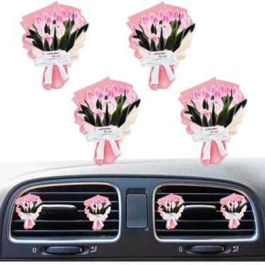 Imagem de 4 peças mini buquê de flores secas artificiais aromatizador de ar de carro, clipe de ventilação de carro decoração de interiores de carro, acessórios de ventilação para meninas e mulheres (Tulipa)