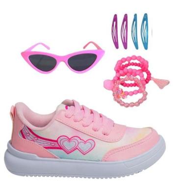 Imagem de Tênis Casual Infantil Feminino Meninas Leve Escolar Rosa +Óculos+Pulse