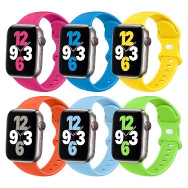 Imagem de Pacote com 6 pulseiras de relógio laranja verde rosa choque compatíveis com Apple Watch 40 mm 38 mm 42 mm 44 mm, pulseira de silicone macio compatível com pulseiras para iWatch série 7 6 5 4 3 2 1 SE meninos e mulheres
