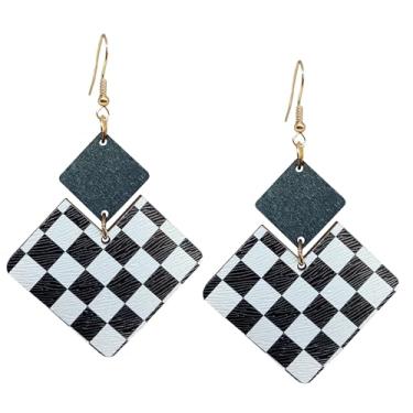 Imagem de TIANHONGYAN Brincos femininos boêmios de madeira natural, leves, feitos à mão, preto e branco, quadriculados, geométricos, joias, Small, Madeira, Sem pedra preciosa