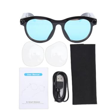 Imagem de Naroote Óculos Inteligentes para Homens e Mulheres, óculos de áudio Com Assistente de Som AI, Câmera de 2 MP, Tradução Em Tempo Real, Reprodução de (Armação preta com lentes transparentes e azuis)