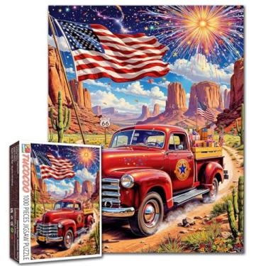 Imagem de Quebra-cabeça Route 66 Highway para adultos, 1000 peças, arte de quebra-cabeça de caminhão de 4 de julho 68 x 50 cm, quebra-cabeças DIY para decoração de casa, bandeira americana, quebra-cabeça do Dia