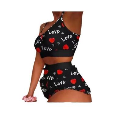Imagem de Conjunto De Pijamas Sexy Feminino 2 Peças Camisola Estampada Top De Al