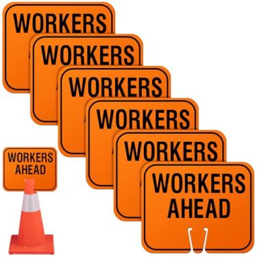 Imagem de Geetery 6 placas de trânsito para trabalhadores à frente, 30 x 26 cm, laranja, sinalização de desvio, cone, direcional para construção externa de barricada