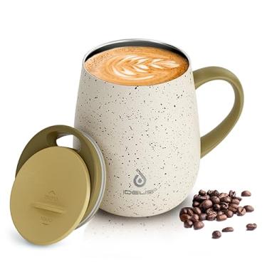 Imagem de Ideus Caneca de café isolada de 473 ml com alça e tampa, caneca de café térmica a vácuo de aço inoxidável de parede dupla, xícara de café de viagem, copo térmico para casa e escritório, amarelo casca