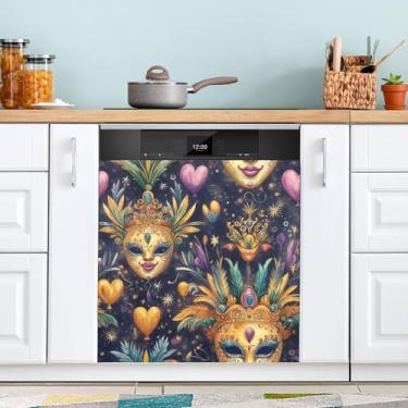 Imagem de ATTX Máscara colorida Mardi Gras capa magnética para lava-louças | Adesivo decorativo de eletrodomésticos de 58 x 66 cm para armários domésticos e eletrodomésticos (147)