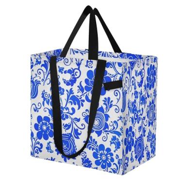 Imagem de SEHANY Sacolas de compras reutilizáveis de porcelana azul e branca com alças reforçadas, bolsa de compras de lona dobrável à prova d'água de grande capacidade para viagem, cozinha, praia