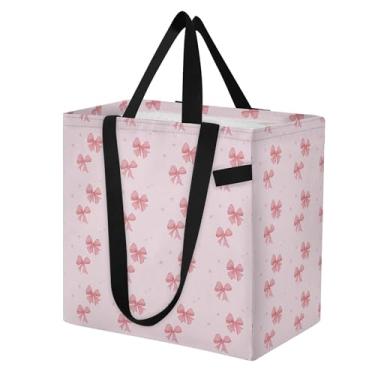 Imagem de SEHANY Sacolas de compras reutilizáveis com laço rosa fofo com alças reforçadas, bolsa de compras de lona dobrável à prova d'água de grande capacidade para viagem, cozinha, praia