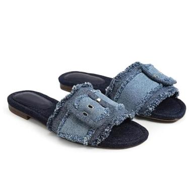 Imagem de ZJGZF Sandálias de ráfia para mulheres, fivela, palha, sapatilhas, trançadas, de ratã, sandálias de praia para o verão, sapatos fofos, confortáveis, Jeans - 1, 41