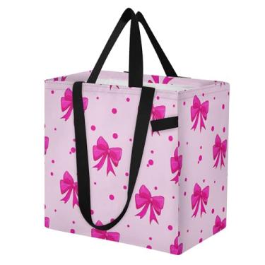 Imagem de SEHANY Sacolas de compras reutilizáveis com laço rosa fofo com alças reforçadas, bolsa de compras de lona dobrável à prova d'água de grande capacidade para viagem, cozinha, praia