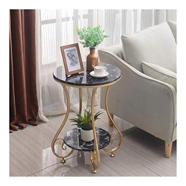 Imagem de Mesa de centro redonda de mármore com duas camadas para sala de estar, mesa de chá, mesa de centro, mesa de centro beistelltisch mesa auxiliar (cor: preto) (branco preto)