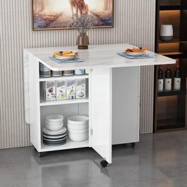 Imagem de ZXLPHA Mesa de jantar dobrável extensível, mesa de folhas caídas, mesa lateral móvel de 6 rodas, armazenamento com gaveta, mesa de cozinha para espaços pequenos, branca