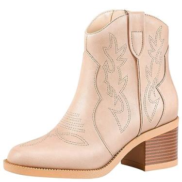 Imagem de PIZZ ANNU Botas femininas bordadas caubói ocidental cowgirl bico redondo botas curtas moda feminina retrô botas clássicas salto grosso, Blush, 39