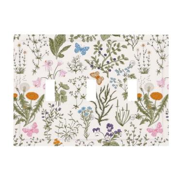 Imagem de Capa de interruptor de luz flores vintage flores florais plantas de jardim 3 gangues placa de parede decorativa placa elétrica placa frontal para banheiro cozinha decoração de quarto 16 x 12 cm