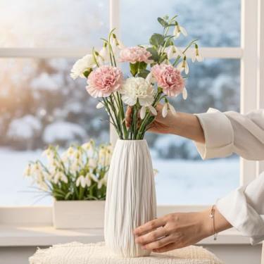 Imagem de Vaso de cerâmica branca com textura de madeira e linhas verticais – Vaso de flores exclusivo de 23,5 cm para grama-dos-pampas e centros de mesa, vaso decorativo de casa de fazenda/boho para sala de