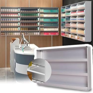 Imagem de Rack de exibição de varejo comercial para cigarros e charutos - vitrine de parede ou bancada para supermercados e lojas - Tamanho: 92,5 x 15 x 75 cm, acabamento prateado.