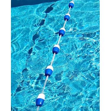 Imagem de Corda flutuante de segurança para piscina, divisor de piscina de 19,8 m com gancho de metal, boias de natação azuis e brancas - áreas perigosas seguras, opções de 5 a 23 metros para natação segura