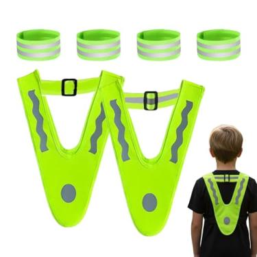 Imagem de Colete de segurança refletivo infantil, colete de segurança em forma de V com 4 faixas refletivas - Roupas infantis de alta visibilidade | para construção, caminhada, ciclismo, noite, escola