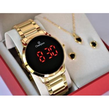 Imagem de Relogio champion dourado digital led vermelho ch40142h + kit semi joia