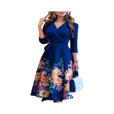 Imagem de Vestido Feminino Com Decote Em V E Manga Média, Cintura Ajustável, Est