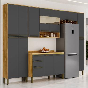 Imagem de Armário de Cozinha Modulada com Balcão e Tampo 13 Portas 2 Gavetas Xangai Slim 100% Mdf com Vidro Reflecta Amêndoa/Cinza - Pnr Móveis