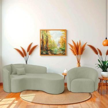 Imagem de Kit Recamier Curvo Sala De Estar Inglaterra 180cm Lado Direito E Poltrona Orgânica Luxo Amore Bouclé Verde Oliva