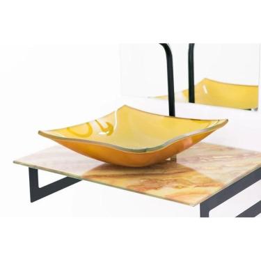 Imagem de Gabinete De Vidro 50Cm Mármore Marfim + Torneira Metal Preta