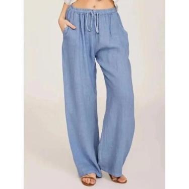 Imagem de Calça Feminina Casual Solta de Linho e Algodão - Cintura Elástica e Bo
