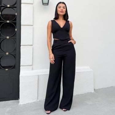Imagem de Conjunto Top em V com Calça Pantalona Lívia Tecido Marrant Cor:PretoTa