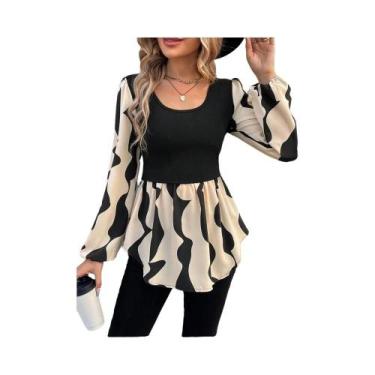 Imagem de Camiseta Feminina Com Estampa Abstrata, Manga Comprida, Gola Quadrada,