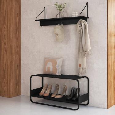 Imagem de Conjunto Sapateira e Prateleira Orgânico Pé Metal Luna Nero/Preto