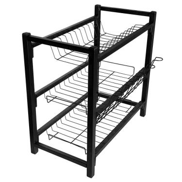 Imagem de Escorredor de Louça Triplo 12 Pratos 6 Copos Porta Talheresd para Cozinha em Aço Reforçado Preto Convenienza