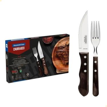 Imagem de Jogo De Talheres Churrasco Tramontina Jumbo Inox Cabo Madeira Castanho
