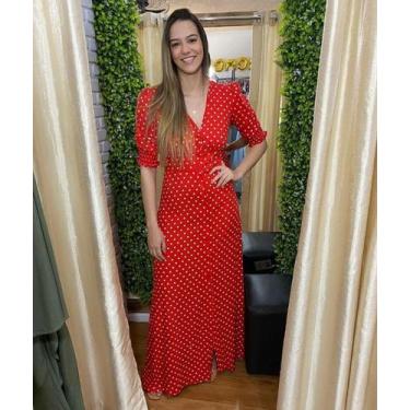 Imagem de Vestido Feminino Longo Viscose Poa Bolinha branca cor vermelha tamanho
