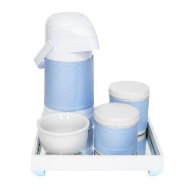 Imagem de Kit Higiene Espelho Potes, Garrafa, Molhadeira E Capa Azul Quarto Bebê