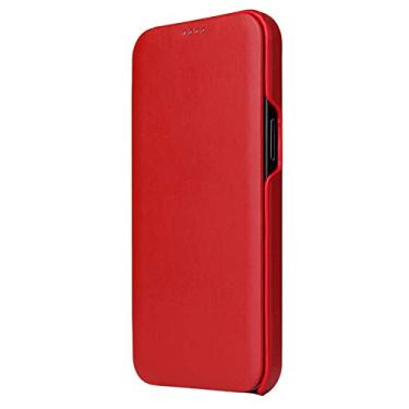 Imagem de GSYH Capa de couro para iPhone 12 Pro Max, capa flip de couro vintage genuíno em borda curvada, capa estilo livro aberto lateral para iPhone 12 Pro Max 6.7, vermelha