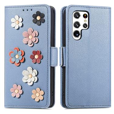 Imagem de Capa flip para Samsung Galaxy S22/S22 Plus/S22 Ultra, capa carteira de couro legítimo com estampa de flores com compartimentos para cartões Capa para celular para meninas, mulheres, azul, S22 Ultra 17,8 cm