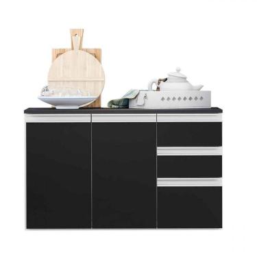 Imagem de Balcão C/ Tampo 90cm 3 Portas 2 Gavetas Branco Com Preto