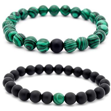 Imagem de Conjunto de 2 braceletes masculinos de 8 mm feitos à mão para casais à distância com contas de pedra preciosa com contas redondas de pedras preciosas para aniversário de dia dos namorados