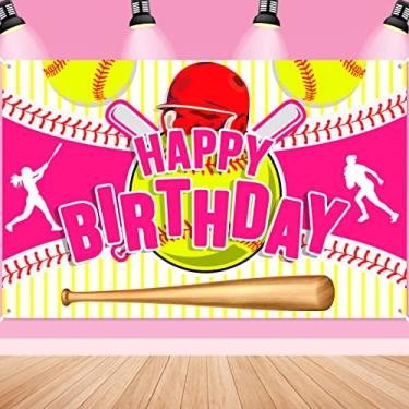 Imagem de Decorações de festa de softbol faixa de feliz aniversário suprimentos de festa para meninas crianças adolescentes grande esporte tema pano de fundo de aniversário para formatura feriado festa de aniversário favor decoração foto fundo