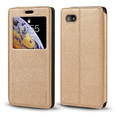 Imagem de Capa para BlackBerry Q5, capa de couro de grão de madeira com suporte de cartão e janela, capa magnética para BlackBerry Q5 (3,1 polegadas) dourada