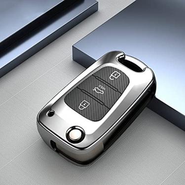 Imagem de YJADHU Capa de proteção de chave de carro de grão de carbono TPU, apto para Hyundai I30 IX35 Accent I20 Sonata Kia K2 K5 Sportage L811 Sorento, prata