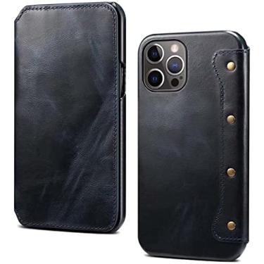 Imagem de GANYUU Capa de telefone flip de couro, para Apple iPhone 13 Pro Max (2021) 6,7 polegadas cera de óleo couro de vaca à prova de choque carteira capa fólio [porta-cartão] (cor: azul)