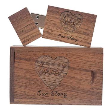 Imagem de Pen drive USB de madeira com gravação a laser Our Love Story - 32 GB USB 2.0 Memory Stick armazenamento de dados Pendrive com caixa de nogueira, para casamento/fotografia/aniversário