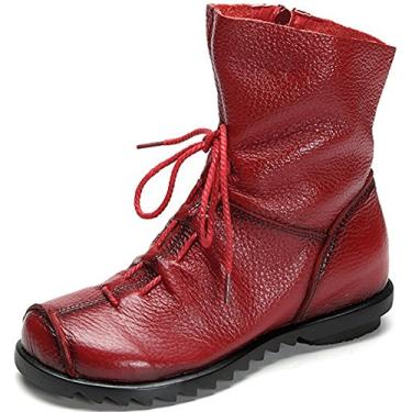 Imagem de Clarsunny Botas femininas de couro casuais macias, Vermelho, 10