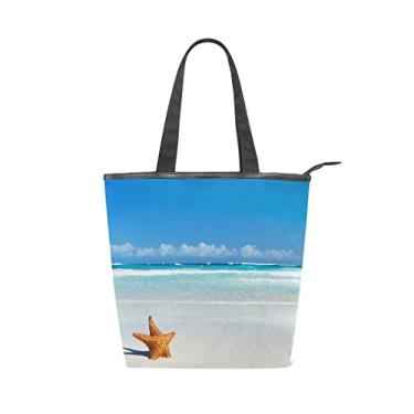 Imagem de Bolsa feminina de lona durável tropical mar azul céu grande capacidade sacola de compras bolsa de ombro