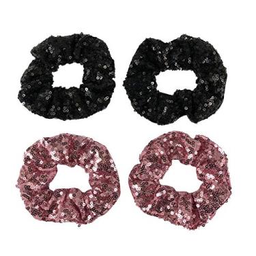 Imagem de 4 peças de cabelo de lantejoulas brilhantes Scrunchies para cabelos elásticos metálicos com elásticos de rabo de cavalo para amarrar no pulso e amarrar no pulso para mostrar academia Dança Festa Club Girl Mulheres, Black+Pink