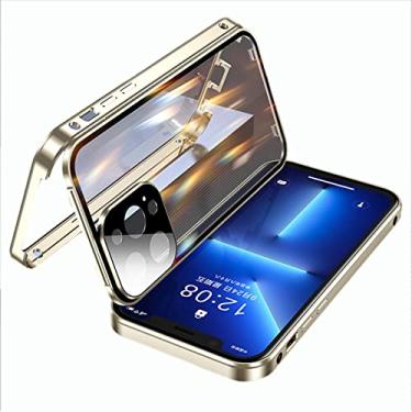 Imagem de KVIBEO Capa ultrafina para iPhone 13/13 Pro/13 Pro Max/13 Mini, capa protetora de tela com fivela dupla face moldura de metal capa de vidro transparente, dourada, 13 Mini 5,4 polegadas