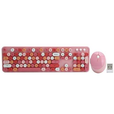 Imagem de Conjunto de teclado e mouse sem fio, teclado retro fofo com 104 teclas redondas coloridas, unidade USB de teclado de computador de tamanho real Melhor para Windows Desktop PC(Cor de rosa)