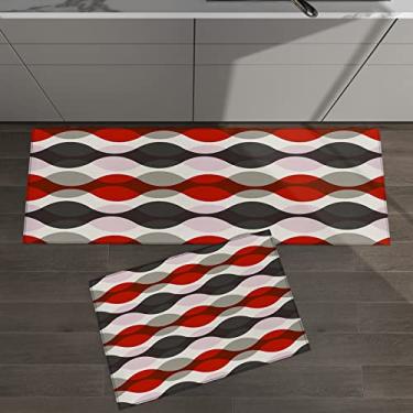 Imagem de Conjunto de 2 tapetes de cozinha listrados ondulados meados do século padrão geométrico colorido vermelho preto para tapetes acolchoados e tapetes antiderrapantes absorventes corredor confortável tapete de pé